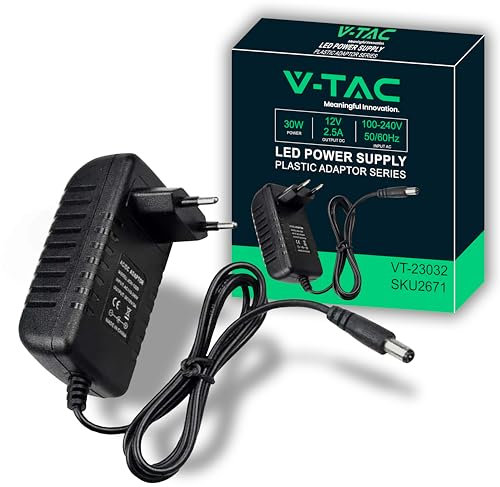 V-TAC Adaptateur Alimentation 12V 30W 2,5A pour Caméras, Bandes LED, Modems - Transformateur Chargeur 12V - Prise 2 Pin EU pour Equipements Electroniques - AC 100-240V 50/60Hz USB - Noir