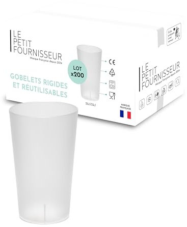 LPF LE PETIT FOURNISSEUR - Lot de 200 Gobelets réutilisables 25cl (33cl à ras-bord) - Polypropylène (PP) alimentaire rigide - Gobelets plastique durables - Compatible lave-vaisselle - Couleur Givrée