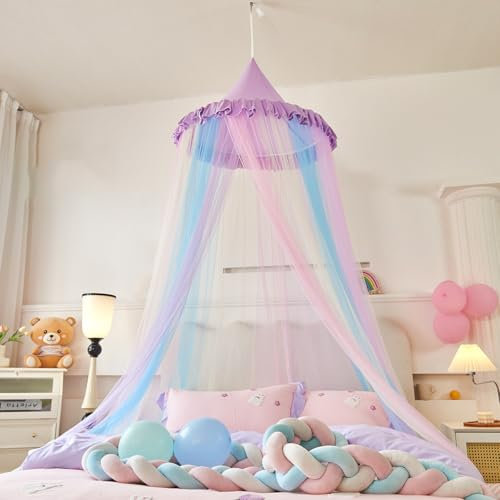 Ricemru Regenbogen Betthimmel Baby Tüll Farbverlauf Moskitonetz Babybett Kinderbett Himmel Kinder Junge Runder Kuppel Prinzessinen Baldachin Mückennetz Bett für Babyzimmer Kinderzimmer (Lila)