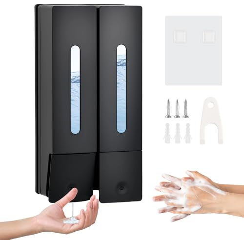 Dispensador Jabón de Pared 400ML, Dispensador Gel y Champu Ducha, 2 Cámaras | Ventana Visible, Sin Taladro para Baño, Cocina, Hotel, Negro