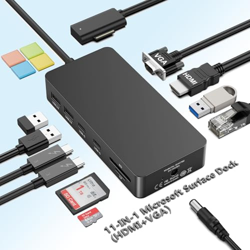 Ms Surface Dock 2, Surface Docking Station,11 in 1 Surface Dock HDMI +VGA für Surface Pro 11/10/9/8/X/7/6/5/4/3, Surface Laptop 7/6/5/go/4/3/2/1, Surface Book 3/2/1