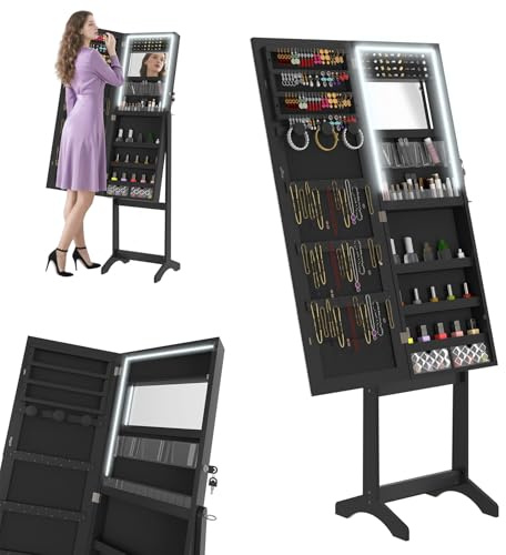 LZQ Armoire à bijoux avec miroir et lumières LED - Armoire miroir - Étagère à bijoux réglable - Verrouillable - Organiseur de bijoux 2 en 1 - 152 x 39,5 x 36,5 cm - Noir