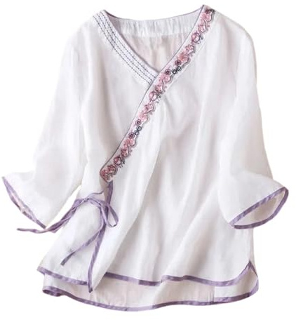 Top da donna, maniche a 3/4, in cotone e lino, con ricamo, stile vintage, maglietta cheongsam, Hanfu, tradizionale, cinese, tang, con bottoni e bottoni, elegante e oversize, C01 bianco, 4XL
