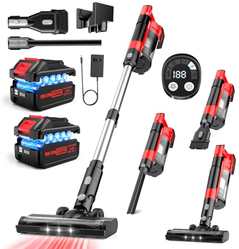 Aspirapolvere Senza Fili 60KPa/700W/70 Mins,Scopa Elettrica Senza Fili con 2 * 4,0Ah Batterie，LED Display,Spazzola Anti-Tangle,Aspirapolvere Senza Fili Potente Per Pavimenti/Tappeti/Peli Animali