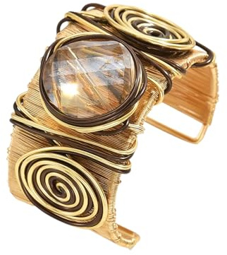 Marea Brava Brazalete Abierto Ajustable para Mujer - Estilo Bohemio Africano con Alambre Enrollado, Gemas Incrustadas y Diseño Retro, Joyería Versátil de Lujo Dorado y Plateado (DORADO)