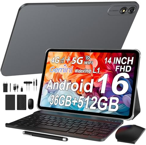 LEVIRTU Android 16 Tablet 14 Zoll mit 1920 x 1200 FHD 36 GB + 512 GB / TF 2 TB, Octa-Core, 11580 mAh, 4-Speaker, Dual SIM 4G LTE/5G WiFi/Widevine L1/GPS/Tablet mit Tastatur/Eingabestift/Grau
