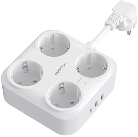 ANRMESUN Strömuttag med USB, vägguttag med 4 AC-uttag och 4 USB A-uttag, överbelastningsskydd, vägguttag, kort kabel, vit