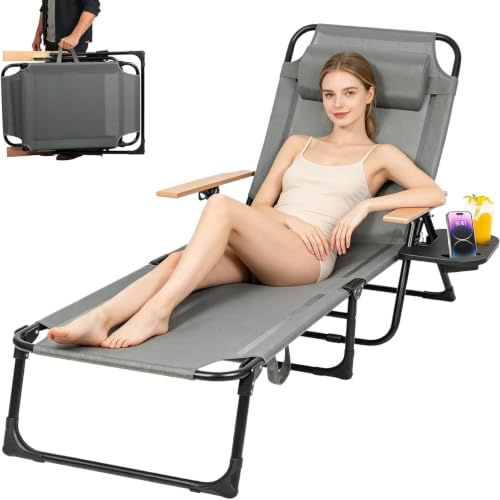 Cozykimo Sonnenliege Klappbar 4-Verstellbarer Rückenlehne, Gartenliege Klappbar Liegestuhl, mit Holzarmlehnen, 150kg, Campingliege Faltbar, für Balkon, Camping, Strandliege Leicht (Grau)