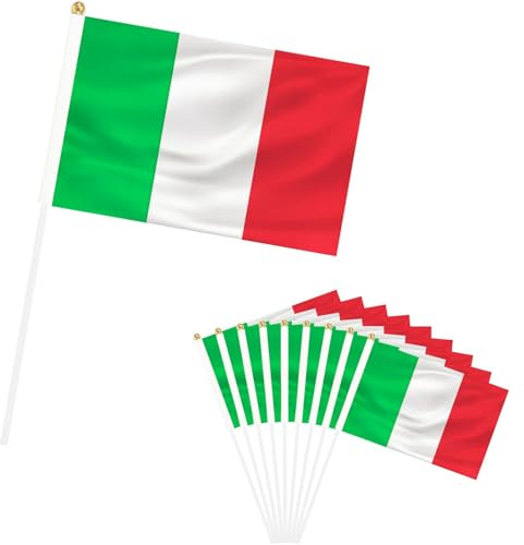 Petit Drapeau Italie,15Pcs Mini Drapeau Italien à Main avec Poteau Solide Blanc, pour Décoration Jardin Bar, Euro Football Match, Coupe du Monde, Célébration Fête Nationale