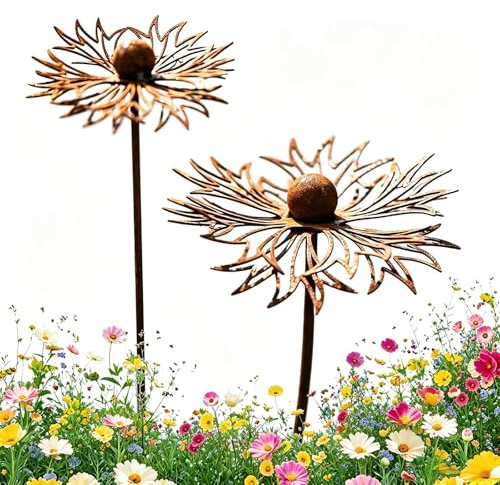 2 Stück Gartendeko Set Rost Deko für Garten Cortenstahl Gartenstecker Metall Blume Mohn Teleopea Rostige Gartendeko Rost Rankstab Beetstecker Topfstecker Naturrost Cortenstahl Deko Garten