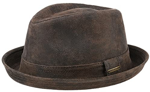 Stetson Radcliff Player Lederhut Damen Herren Pork Pie Leder Fedora Hut mit Baumwollfutter Einfarbiger Ledertrilby Sommer Winter braun M (56-57 cm)