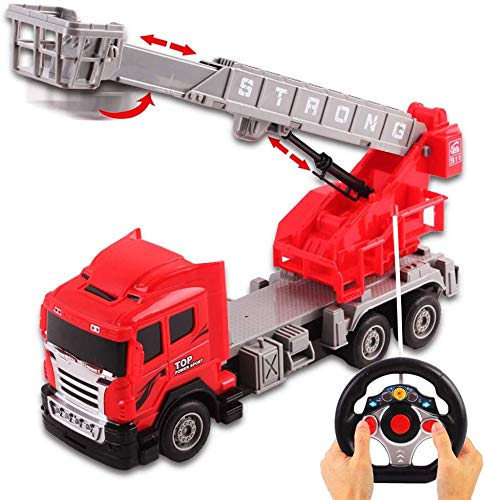 deAO Grande Camion Pompieri Giocattolo, Radiocomandato con Telecomando Radio e Scala Estensibile, Autopompa RC Giocattoli Regalo per Bambini 3-6 Anni
