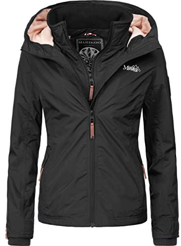 MARIKOO leicht gefütterte Damen Übergangsjacke kurze Sommerjacke mit kuscheligem Fleece-Innenfutter und großer Kapuze Erdbeere Schwarz Gr. XL