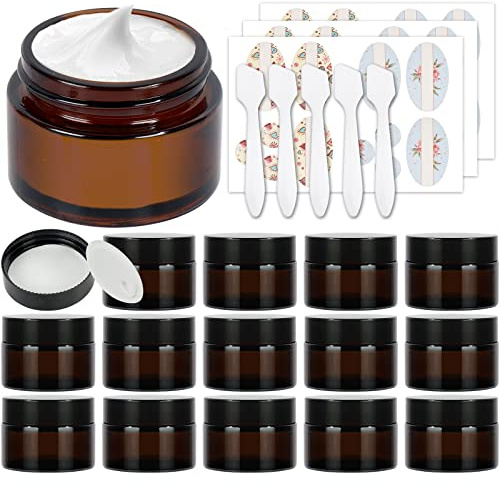 Betrome 15 Pack 1 oz Empty Amber Glass Jars, Round Cosmetic Container Storage Jars with White Inner Liners and Black Lids for Face Cream Lotion