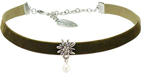 Alpenflüstern Trachten-Samt-Kropfband Strassedelweiss Perle - nostalgische Trachtenkette enganliegend, Kropfkette elastisch, Damen-Trachtenschmuck, Samtkropfband schmal grün DHK264