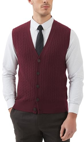 Kallspin Men’s Wool Blend Sweater Vest Cable-Knit Button Front Sleeveless Cardigan Smart Casual Jumper Knitwear(Burgundy, L)