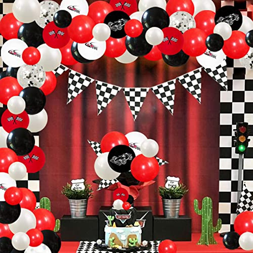 Fangleland Rennwagen Party Dekorationen Karierte Flagge Luftballons Garland Kit Rot und Schwarz Rennwagen 1. 2. Geburtstag Dekorationen