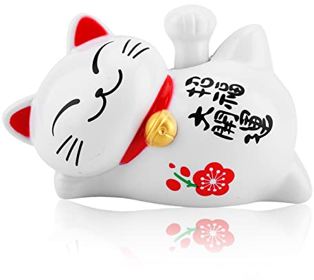 HERCHR Cute Maneki Neko Waving Cat Solar Powered 4.13×2.36×2.76in Wealth Welcoming Cat Good Luck Bringer Lying Waving Beckoning Fortune Fengshui Decor for Home Car