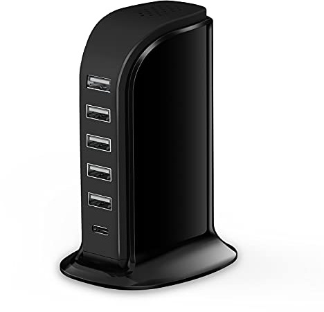 KEEPXYZ USB Charger, USB Charging Hub 40W 6-Port, Desktop Charging Station with Multi USB Port, USB Charging Block for iPhone/iPad/Galaxy Tablets Smartphones, Charging Dock with Smart Flow Black