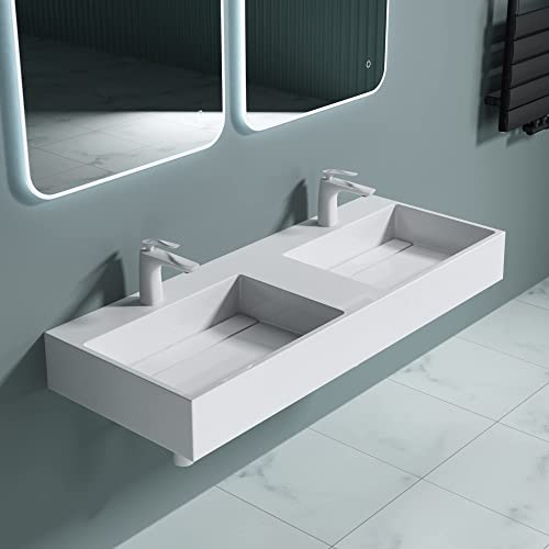 doporro Doppelwaschbecken Doppelwaschtisch 160x48x13 cm mit verstecktem Ablauf in weiß aus Mineralguss als Aufsatzwaschbecken und Hängewaschbecken geeignet Colossum12-2