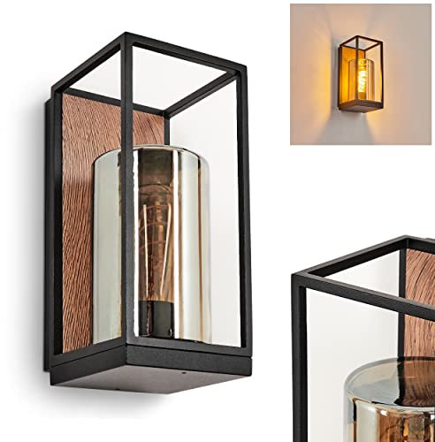 Außenwandleuchte Palanga, Außenleuchte aus Metall in Schwarz/Holzoptik/Braun u. 2 Gläsern (Rauchfarben/Klar), Wandlampe für Terrasse/Eingangsbereich, 1 x E27 max. 40 Watt, mit tollem Lichteffekt