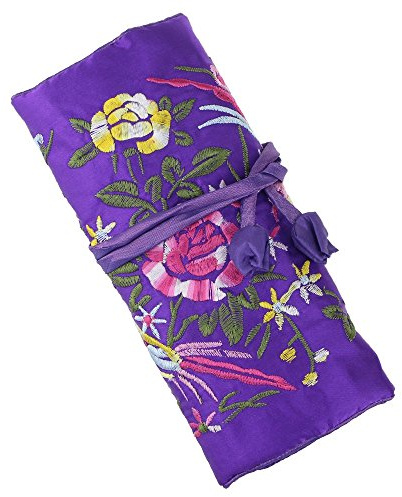 Rouleau de bijoux de voyage, sac à bijoux en brocart de fleurs et d'oiseaux, sac de rangement de bijoux en brocart de soie avec rubans, fermeture à nouer, violet foncé