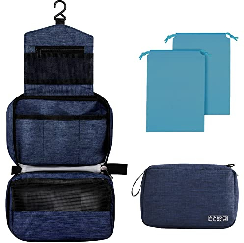 Larkumio Trousse de Toilette Homme Femme Voyage, Trousses Toilette Grande Capacité à Suspendre avec Crochet et Poignée, 1 Trousse de Toilette + 2 Sac à Cordon, Bleu Foncé