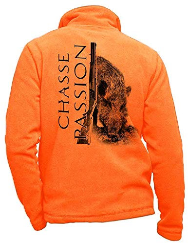 Orange Fleecejacke personalisiert mit einem Wildschwein, Jagdleidenschaft - Jagdbekleidung Größe S