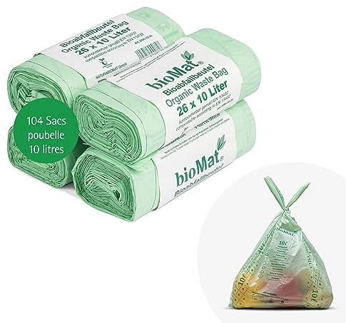 bioMat Sacchetti Compostabili 10l con Manici per Umido, 104 Sacchi, Qualità Premium, Certificati DINplus, Neutrali dal Punto di Vista Climatico, Made in Germany