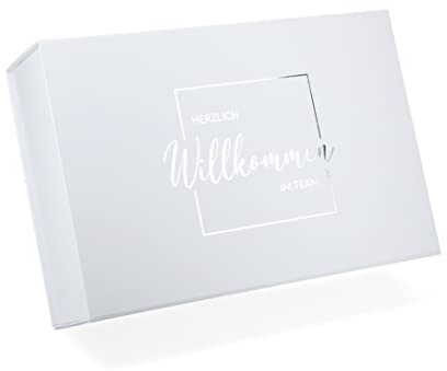 ideas in boxes Premium Geschenkbox mit Deckel faltbar, Geschenkkarton, Magnetbox, Geschenkverpackung „Willkommen im Team“, 33x22x10cm, Weiß mit Silber