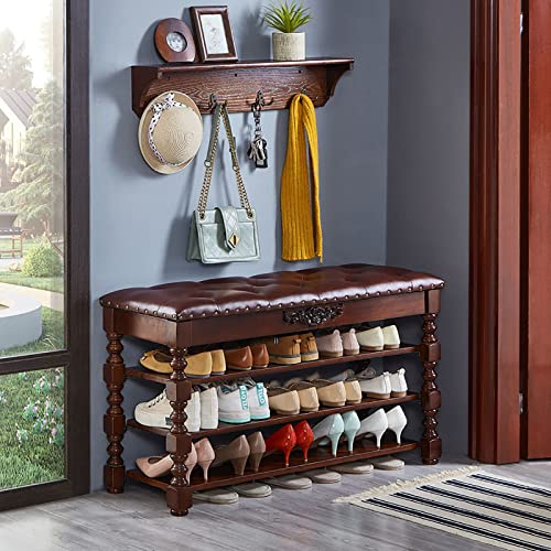 Lift-Top-Schuh-Organizer für den Flur zu Hause,③-Tier-Schuhregal mit getuftetem Lederkissen, Vintage-Holz-Schuhbank mit Ablage, Eingangsbereich-Schuhaufbewahrungsbank-Braun 3 Etagen 100x35x58cm(39x14x