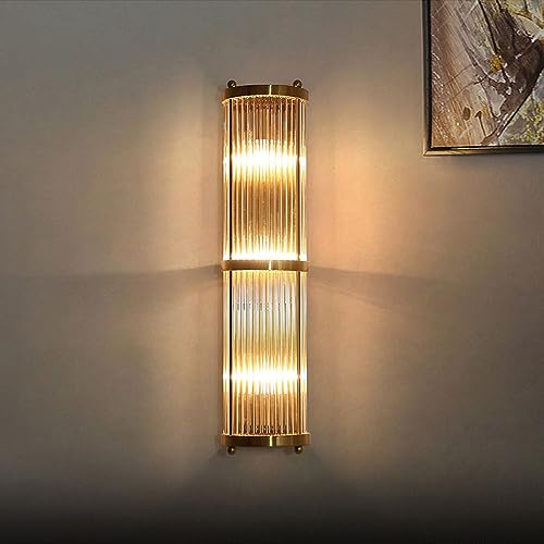 RXPVUXE Half Cylinder Crystal Wall Sconce Modern Gold Bathroom Light Fixture Mid Century Long Tube Wall Lamp, E14 Stainless Steel Wall Lighting Fixture for Bedroom Living Room Hallway