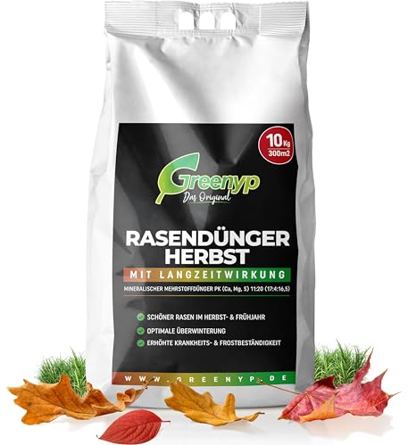 Greenyp Herbstrasendünger Langzeit (10kg / 300m²) I mit 90 Tage Langzeitwirkung + extra Kalium I macht den Rasen Winterfest & Tiefgrün I Herbstdünger Rasen Rasendünger Herbst