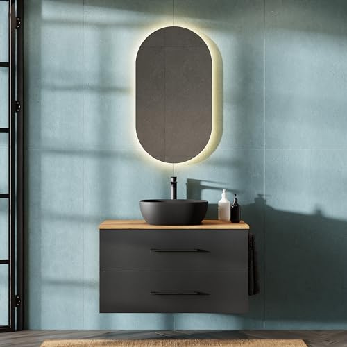 Planetmöbel LUX - Set di mobili da bagno con mobile sottolavabo sospeso da 90 cm e lavabo da appoggio da 60 cm, colore nero, mobile sottolavabo: rovere dorato/antracite