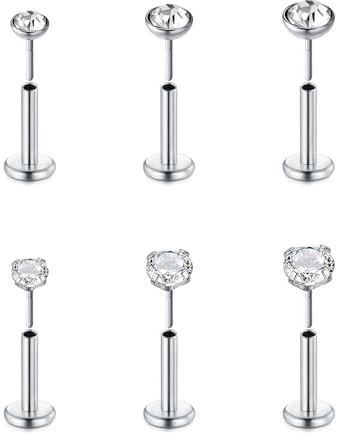 FECTAS 6 Stück gewindelos Push-In Lippenstifte Labret Stud Knorpel Tragus Helix Piercing Schmuck flach zurück Ohrstecker Edelstahl 16G 6mm Lippen Ohr Silber