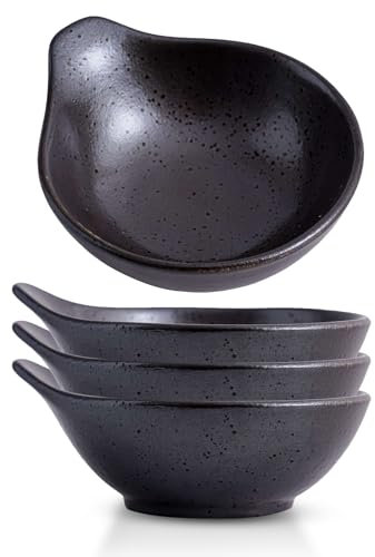 4.25 Inch Dip Bowl Set, Soy Sauce Dish with Handle, Small Bowls for Side Dish, Condiment, Ketchup, Appetizer, Ramekin, Individual Server Bowl for Party Dinner BBQ (4Pack, Dark Brown)
