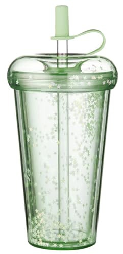 Glitzerbecher doppelwandiger Becher mit Deckel und Strohhalm 420 ml sicherer Isolierbecher mit Strohhalm auslaufsichere Glitzerbecher tragbarer Wasserbecher mit Strohhalm und Deckel für Schule Grün