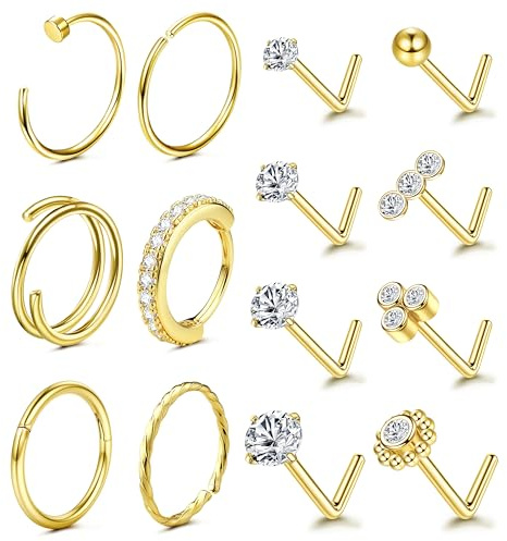 Adramata Or 14K Piercing Nez Acier Chirurgical Piercing Nez Anneaux pour Femmes Hommes Anneau de Nez en Forme de L Piercing au Nez CZ Coeur 20G Hypoallergénique Percing au Nez Bijoux (14Pcs),GB