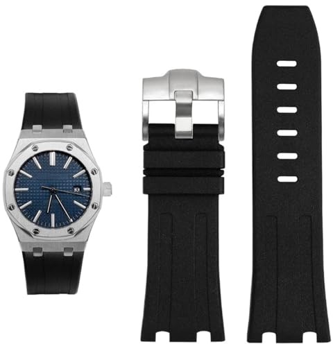 KDEGK Bracelet en caoutchouc et silicone pour AP Abby 15703, série Royal Oak Offshore, accessoires de chaîne de montre, bracelet de montre de 28mm(Black silver)