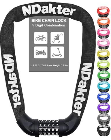 NDakter Bike Chain Lock, 5 Digit Combination Heavy Duty Anti Theft Bicycle Chain Lock,2.62/3.2/4.27/5/6Ft Long Security Resettable Bike Locks for Bike, Bicycle, Scooter, Door, Gate, Fence-4/6mm Thick