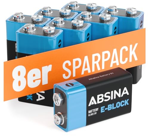 ABSINA 8X 9V Blockbatterie Alkaline - 9V Batterie langlebig & auslaufsicher für Rauchmelder & vieles mehr - 9 Volt Blockbatterie, Batterie 9V Block, Blockbatterien 9V, Batterien 9V Blockbatterie