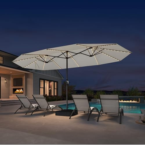 PURPLE LEAF Grand Parasol de Jardin Extérieur 4,55 x 2,7 x 2,4 m avec Pied et LED Solaire, Parasol Rectangulaire Double à Manivelle en Aluminium avec 12 Baleines pour Balcon, Terrasse, Cafés, Blanc
