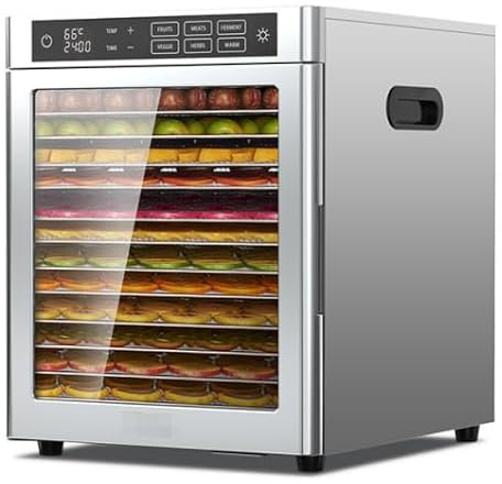 Kwasyo Deshidratador de Alimentos Acero Inoxidable 12 Bandejas, 6 Funciones Preestablecidas, Deshidratador de 800W, 6 Tapetes de Silicona, 2 Tarros, 2 Bandejas para Rollos de Frutas, Receta Incluida