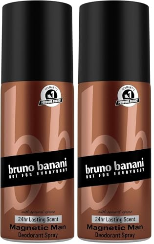 bruno banani Magnetic Man Deo-Bodyspray, Körperspray mit fesselnd-holziger Ambernote, 24h Halt, 150ml (Packung mit 2)