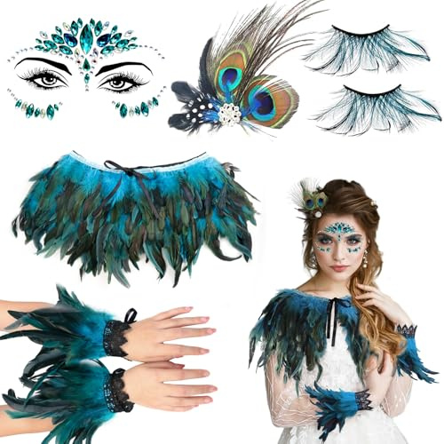 Huahuanghui Pfauen Kostüm Damen, Feder Manschetten Hand mit Wimpern Pfau und Pfau Haarschmuck, Feder Armbänder, Federn Kostüm, Pfau Accessoires zum Halloween Karneval Cosplay