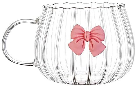 Kuuleyn Glass Pumpkin Cups,Beverage Glass Cup,Bow Mugs,Cute Bow Single Layer Reusable Coffee Cup,Vertical Stripe Coffee Mug with Handle for Milk Tea Espresso Cappuccino Mocha (Pink)