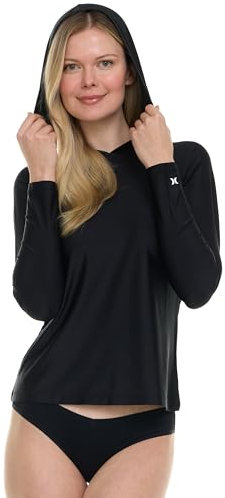 Hurley Rash Guard for Women with Hood, Long Sleeve Hoodie Swim Shirts for Women, Quick Dry UPF 50+ SPF Sun & UV Protection Black
