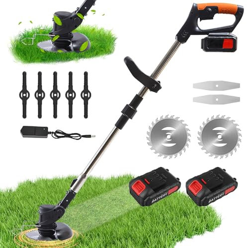 Desbrozadora eléctrica inalámbrica, corte borde inalámbrico con batería desbrozadora con 3 tipos de hoja, diámetro de corte 15 cm, ajustable en altura, ligero para jardín firme (2 baterías)