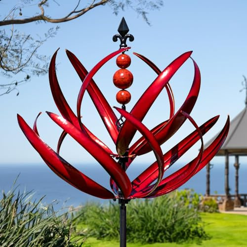 Moulin à vent d'extérieur en métal avec piquet, moulin à vent en fer rotatif vibrant pour décoration de jardin, rouge, 30 x 30 x 90 cm
