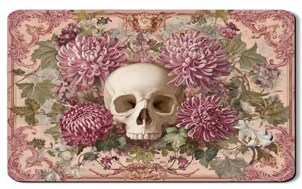 Skull Floral Dish Drying Mats For Kitchen Counter, Vintage Peach Absorbent Rubber Dish Rack Mat, Gothic PU Leather Drying Pad For Coffee Bar Protector 12x20 Inch